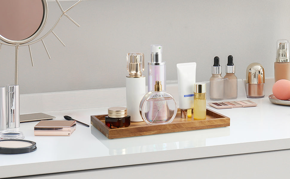 11.7" Bathroom Vanity Tray for Counter - Acacia Wood Decorative Tray for Toilet Tank Makeup Perfume Jewelry Catchall Coffee Table - Wooden Kitchen Countertop Organizer for Soap Dispenser
