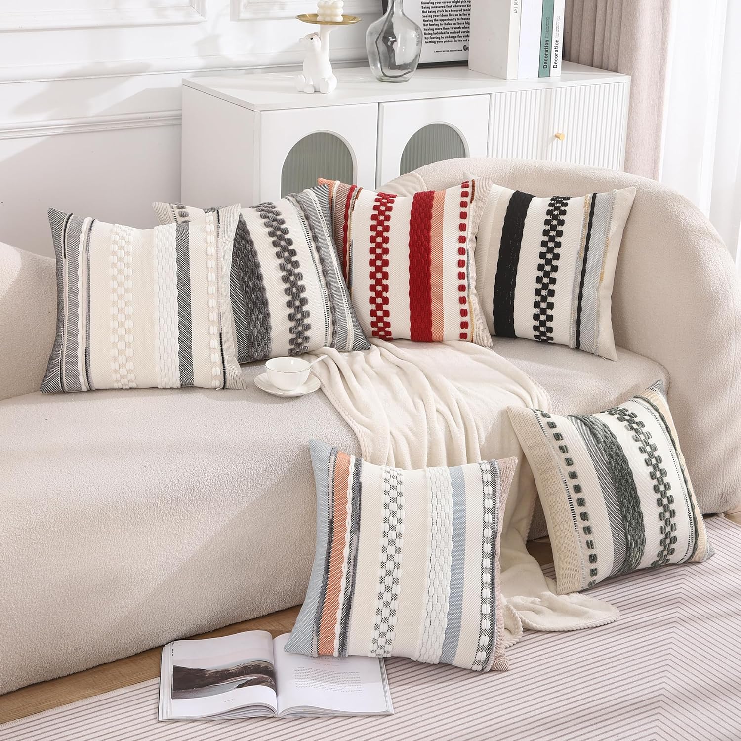 Grey Throw Pillow Covers 18x18 Set of 2 Boho Stripe Pillow Covers Tufted Decorative Pillow Case Accent Pillowcase Farmhouse Cushion Case Nuetral Textured Pillow Cover Spring Home Decor