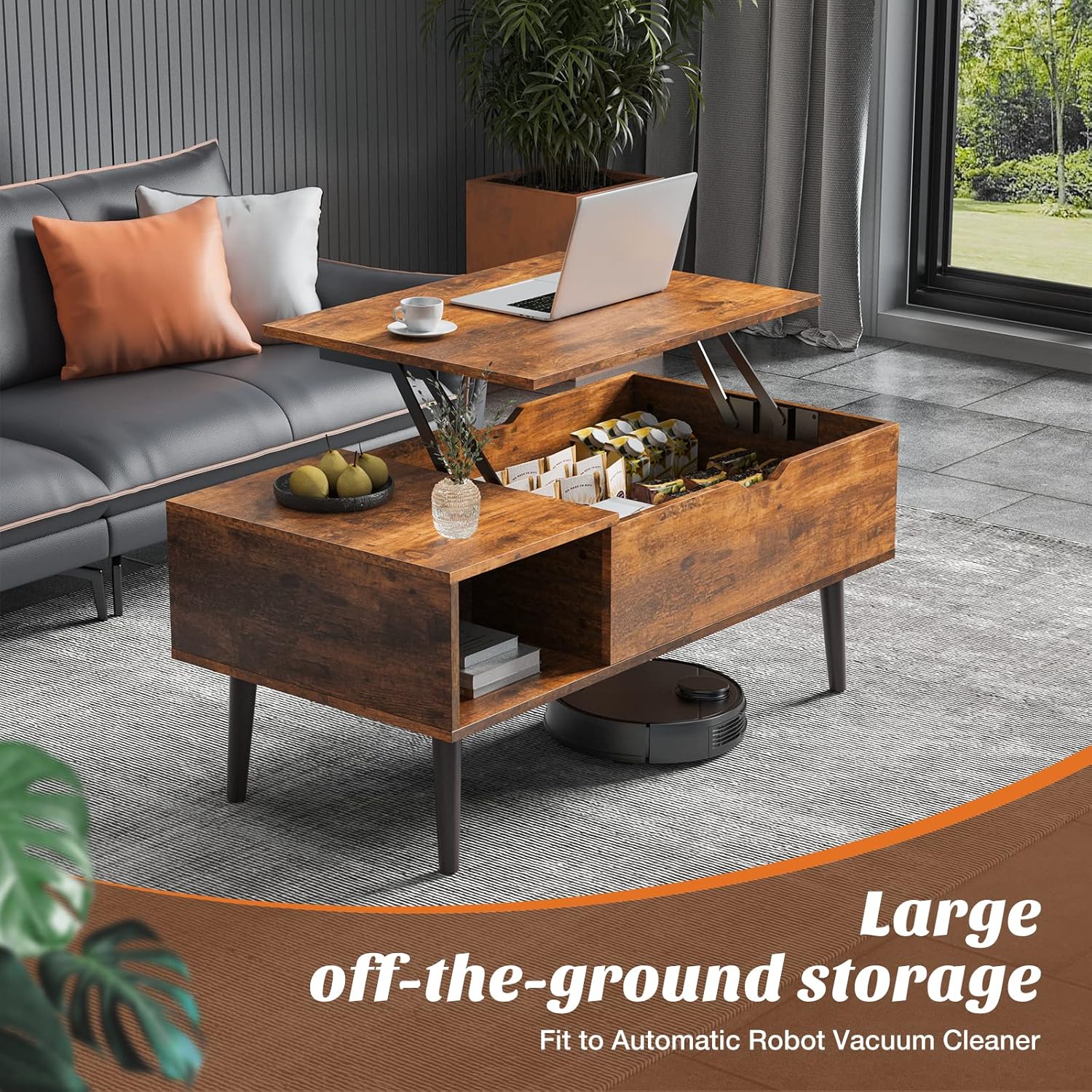 Sweetcrispy Lift Top Coffee Tables for Living Room, Small Rising Wooden Center Tables with Storage Shelf and Hidden Compartment, Brown | Lift Top, Coffee Tables, for Living Room, Rising, Dining Center Tables, with Storage Shelf