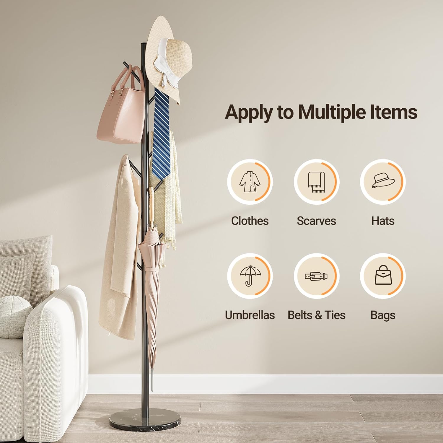 Coat Rack Freestanding with Natural Marble Base, Metal Coat Rack Stand with 10 Hooks, 3 Adjustable Size Coat Tree for Bags, Clothes, and Hats for Entryway, Bedroom, Hallway, Office, Black