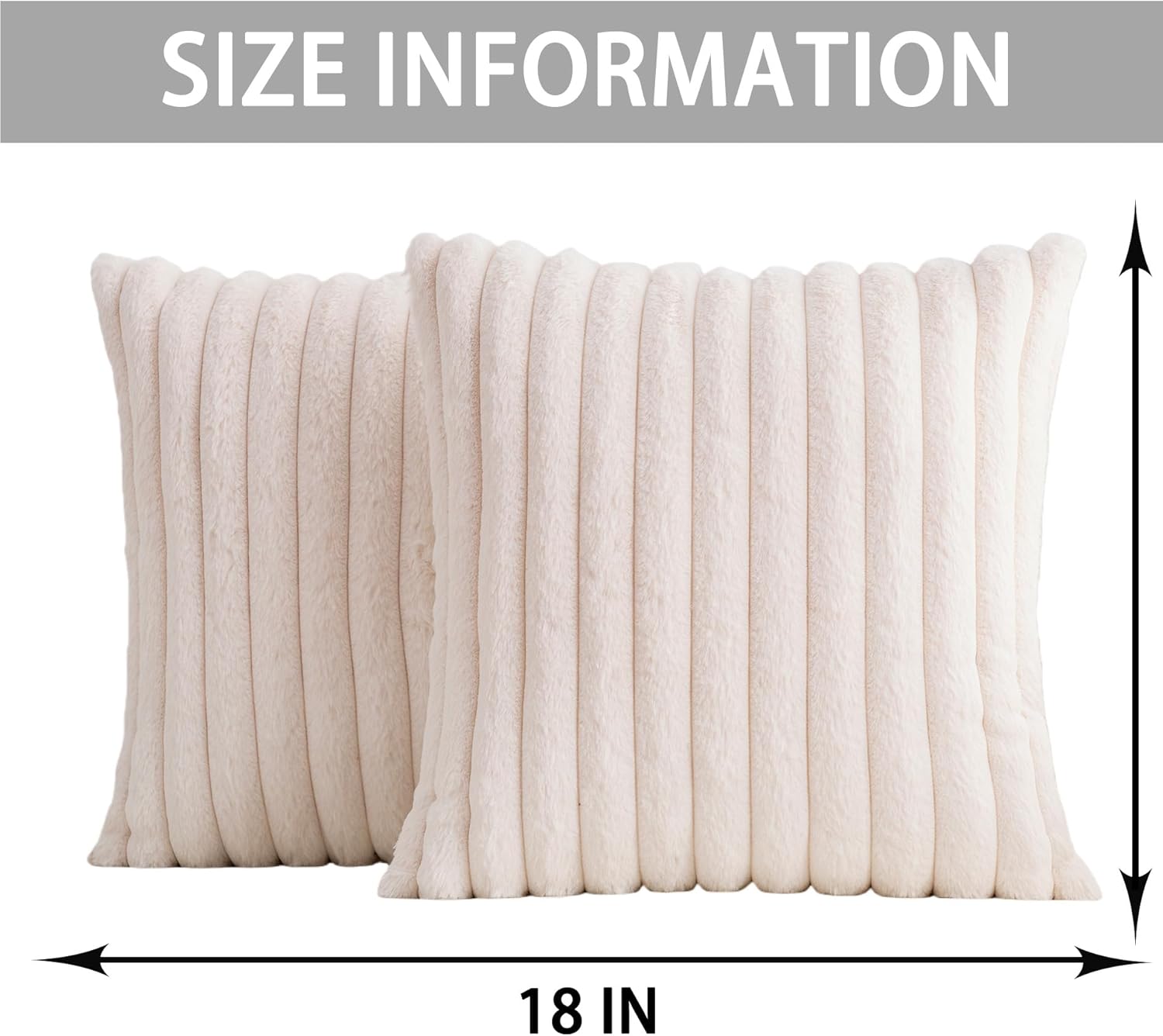Pack of 2 Faux Fur Christmas Throw Pillow Covers 18x18 Inch, Soft Plush Striped Neutral Couch Pillow Cover, with Velvet Back Modern Home Decor for Sofa Living Room Couch Bed Cream White