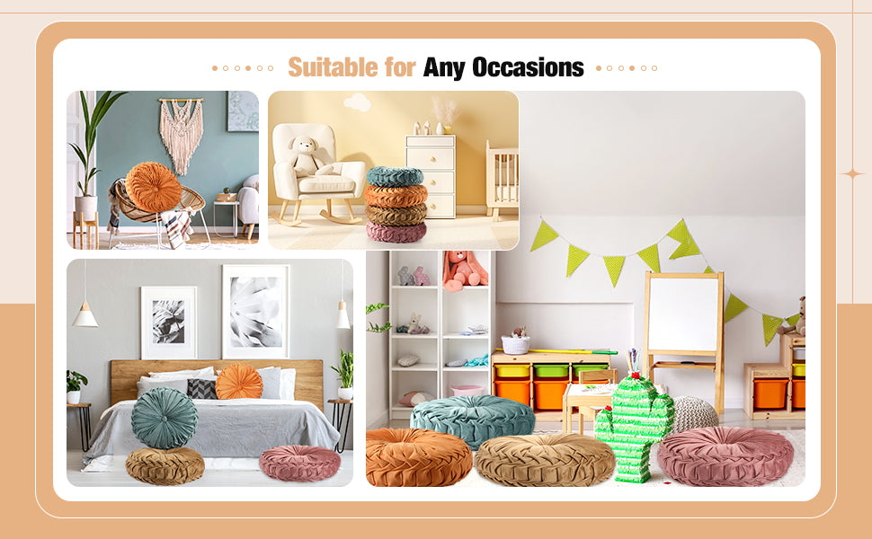 Kathfly Set of 4 Decorative Round Pleated Throw Pillows, Classy Velvet Pumpkin Round Throw Pillows, Decorative Floor Pillow for Bed Chair Home Sofa Decor, 14" Diameter(Colorful)