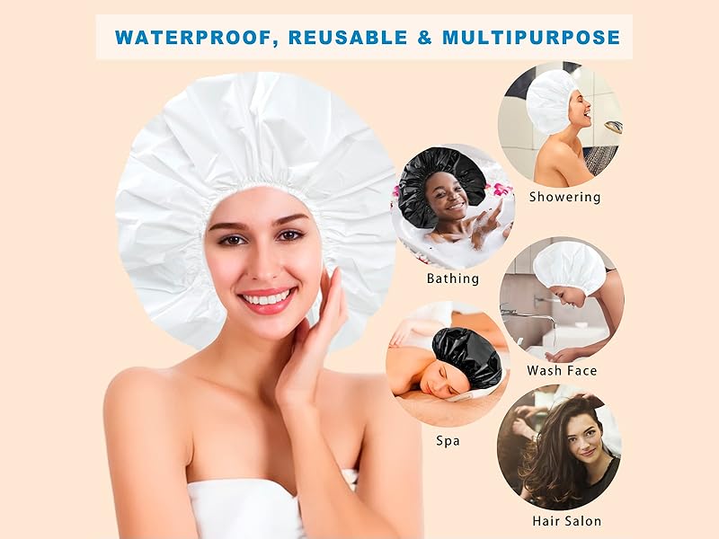 Super Jumbo Shower Cap 2 PCS Waterproof Shower Caps for Women, Extra Large Shower Cap, Reusable Super Large Bath Caps Hair Cap for Long Thick Curly Hair, Locs, Twist Braids - Black + White