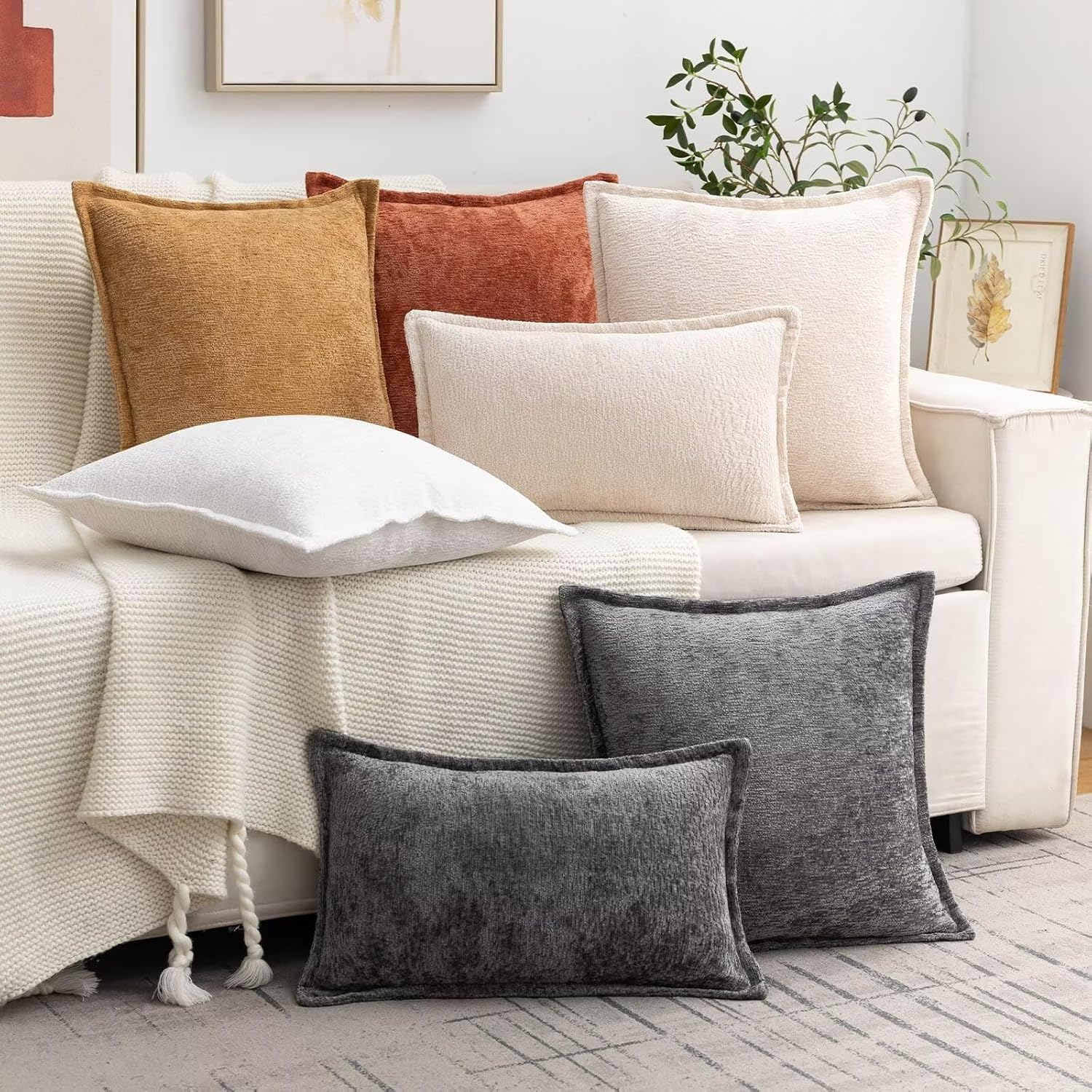 Grey Decorative Throw Pillow Covers 18x18 Inch Set of 2 Cozy Soild Chenille Cushion Cases Soft Textured Square Couch Pillows Cover Boho Accent Farmhouse Pillowcases for Sofa Bed