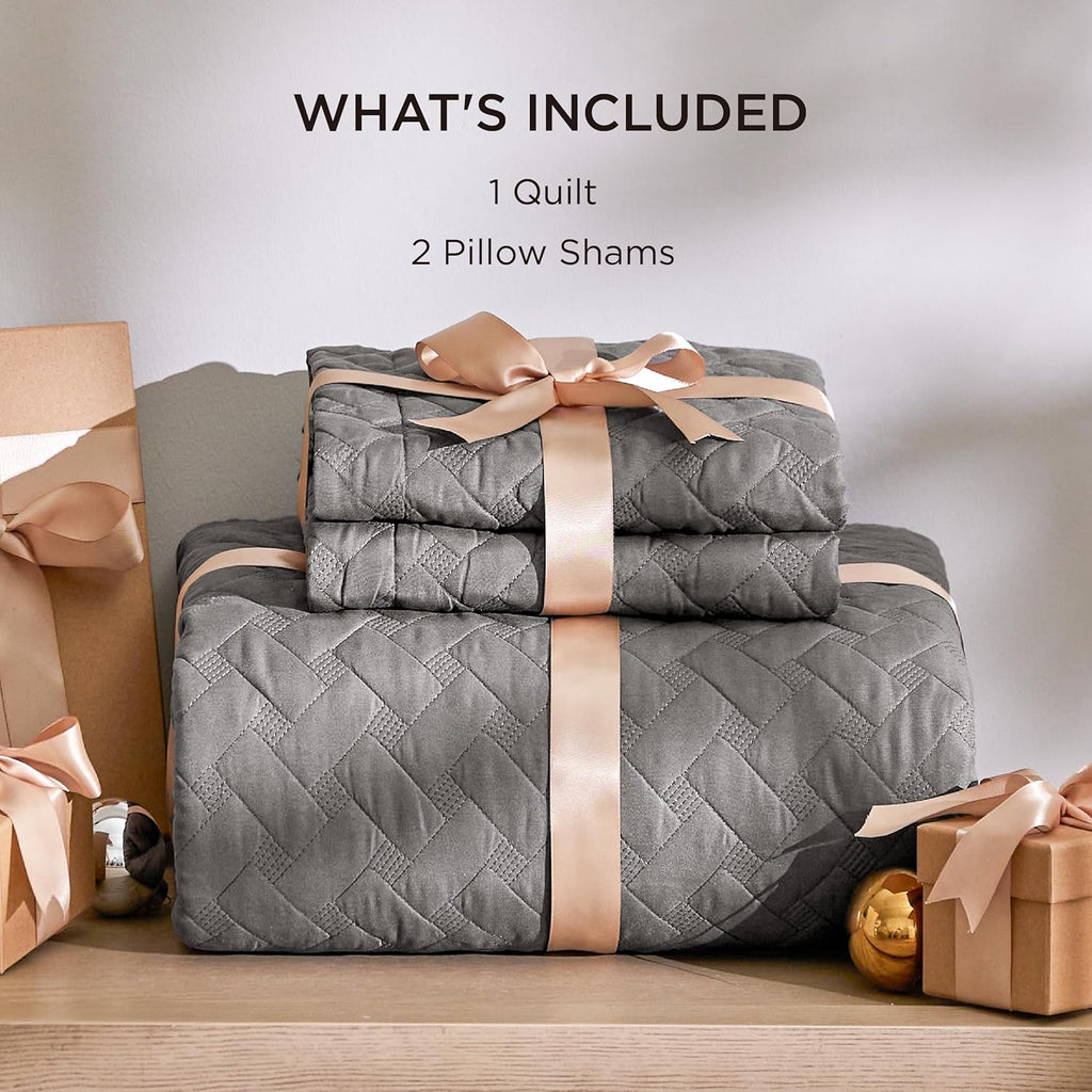Quilts Queen Size - Grey Bedspreads Queen Size with Basket Weave Pattern, Soft Quilt Bedding Set, Lightweight Comforter Set Coverlet for All Seasons with 2 Pillow Shams (90" x 96") | Skin-Friendly Soft, All-Season Comfort, Breathable